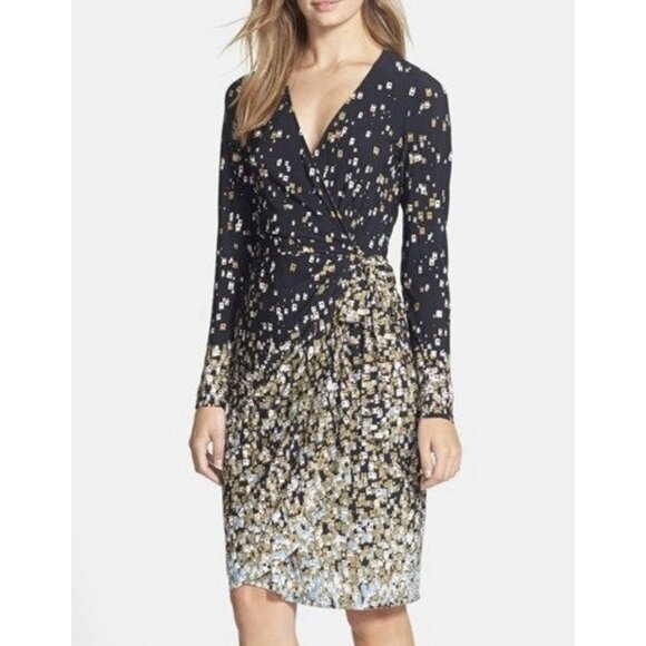 Maggy London Women Wrap Dress Size 8 Jersey Knee V Neck Stretch Tie Long Sleeve - Picture 1 of 12